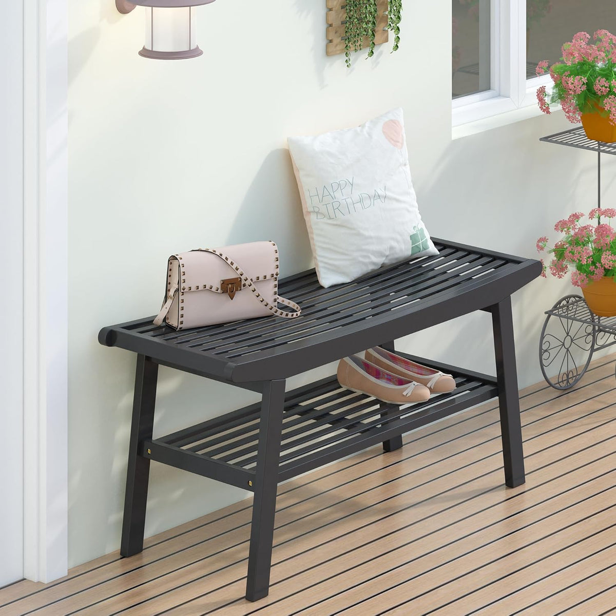 Bamboo Dining Bench Indoor Long Bench Sturdy & Comfortable Indoor Storage Bench Durable Slat Woven Design Modern Entryway Seating for Hallway (Black, 2 Tiers)