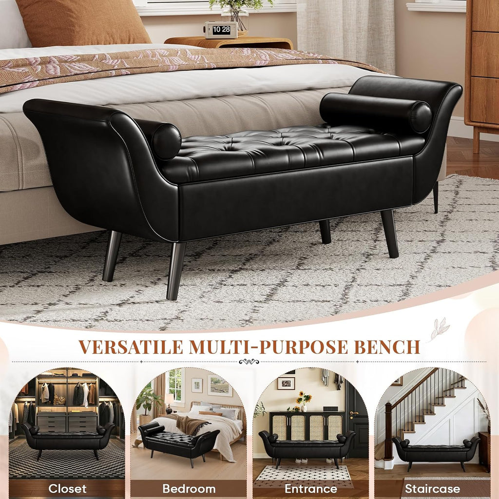 Faux Leather Storage Bench for Bedroom End of Bed, 65-Inch Rolled Arm Upholstered Bench with Hidden Storage, Black End of Bed Bench with Sturdy Wood Frame, Space-Saving Entryway Ottoman Seat (Black)