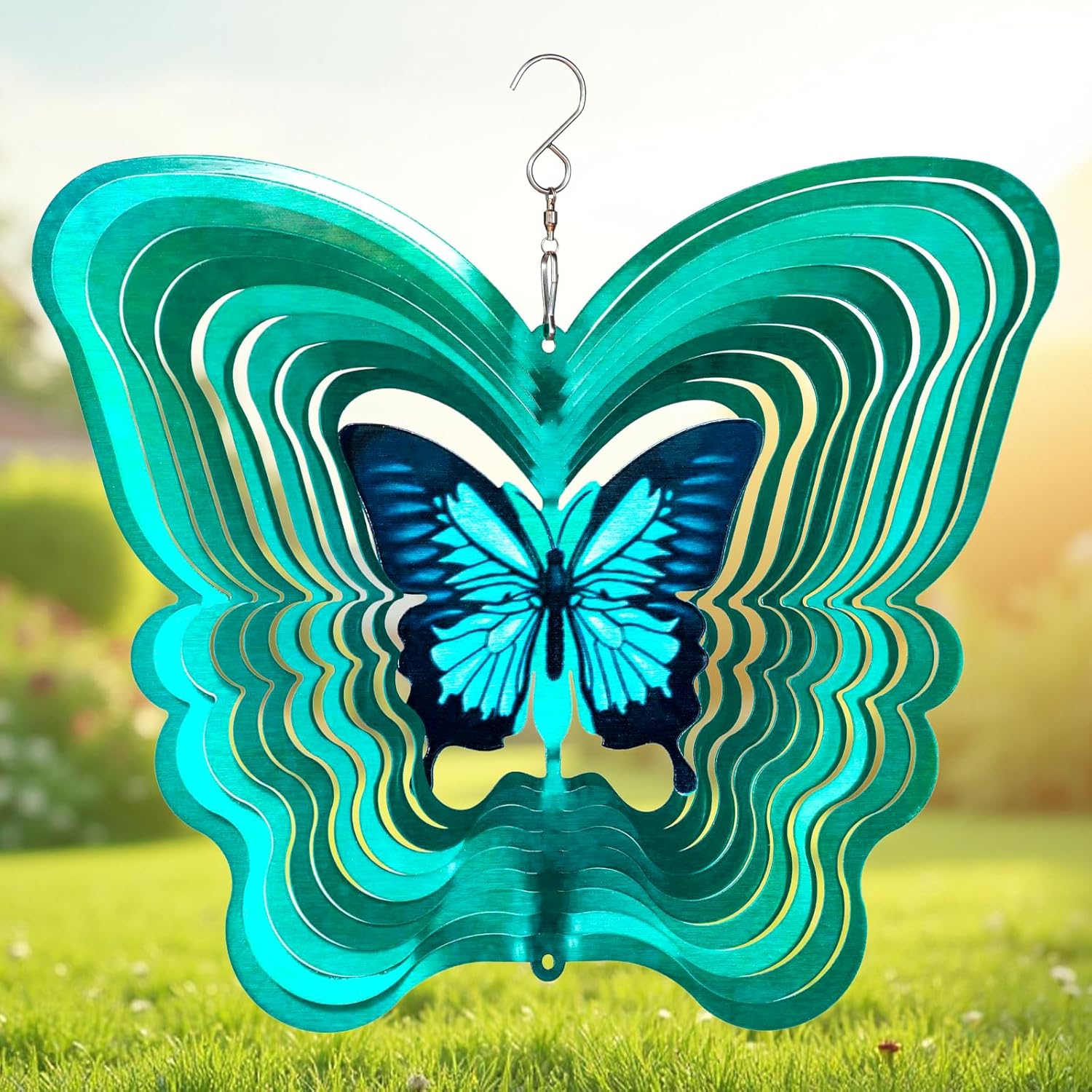 ISEO Butterfly Wind Spinner for Yard and Garden, Hanging Outdoor Decor, Yard Art, Porch and Patio Decorations, Metal Wind Spinners Outdoor, Weather Resistant, 12”
