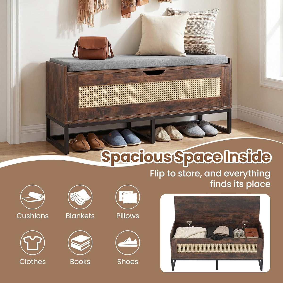 Giantex Rattan Shoe Bench, Flip-Top Entryway Bench with Removable Padded Seat & Hidden Storage, Wooden Shoe Storage Chest with Metal Legs for Bedroom, Hallway, 440 lbs Max Load (Rustic Brown & Black)