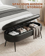 Storage Ottoman Bench, 43.7" PU Leather End of Bed Bench Black | Bench with Large Hidden Storage, Tufted Upholstered Seat, Metal Legs, Mid-Century Modern, For Bedroom, Entryway, Living Room