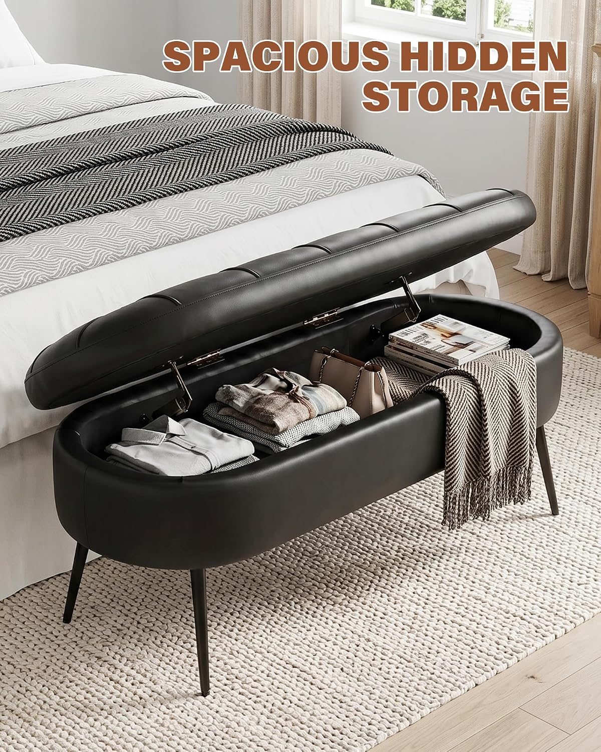 Storage Ottoman Bench, 43.7" PU Leather End of Bed Bench Black | Bench with Large Hidden Storage, Tufted Upholstered Seat, Metal Legs, Mid-Century Modern, For Bedroom, Entryway, Living Room