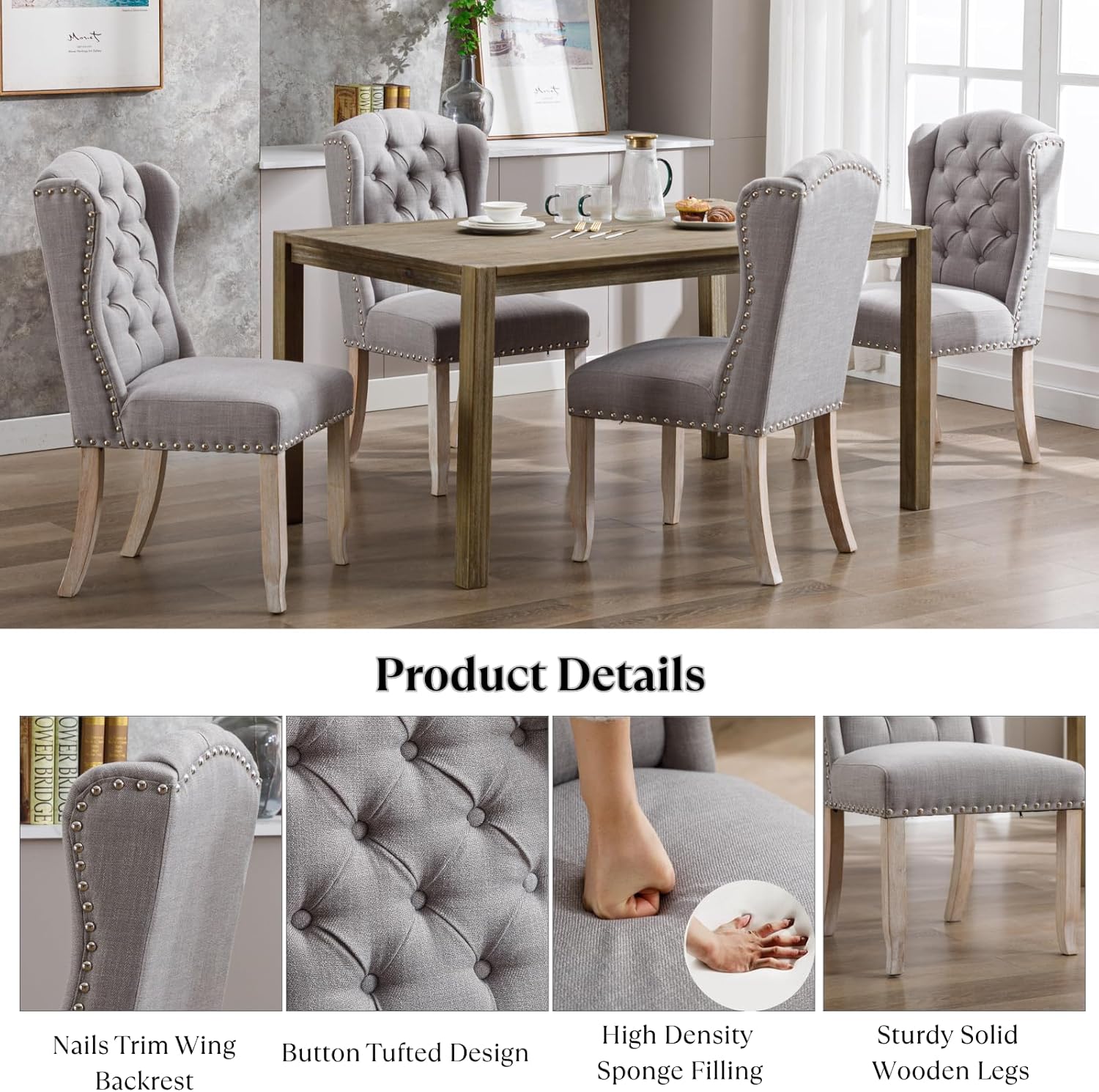 Ya-Home Modern Tufted Dining Chairs Set of 8, Upholstered Kitchen Room Side Chairs Accent Chairs with Wingback Nail Trims Wood Legs, Farmhouse Guest Chairs for Dining Room, Living Room, Linen Grey