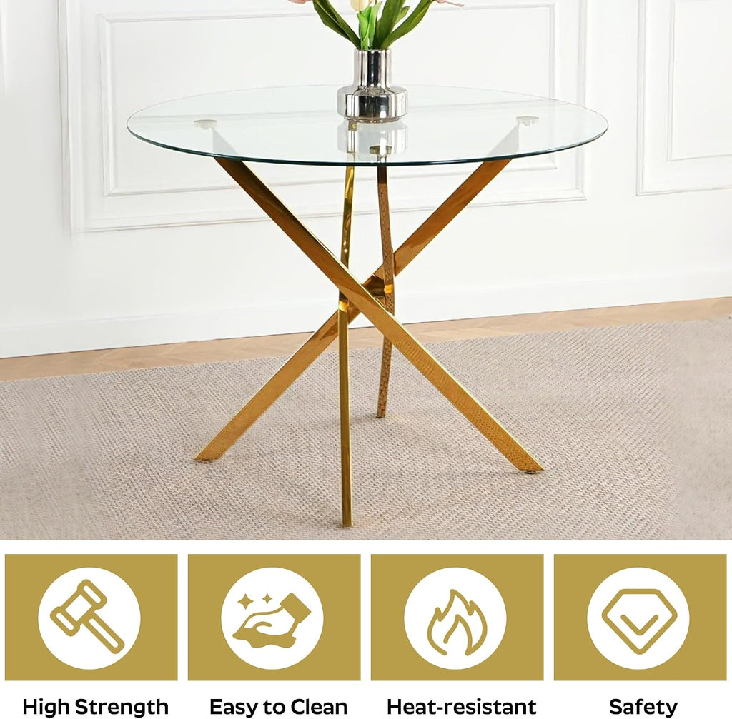 36" Round Dining Table Set for 4, Small Round Kitchen Table with 4 Boucle Dinner Chairs, Modern Circle 5 Piece Glass Dining Table with Metal Legs(Pink&Gold)