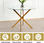 36" Round Dining Table Set for 4, Small Round Kitchen Table with 4 Boucle Dinner Chairs, Modern Circle 5 Piece Glass Dining Table with Metal Legs(Pink&Gold)