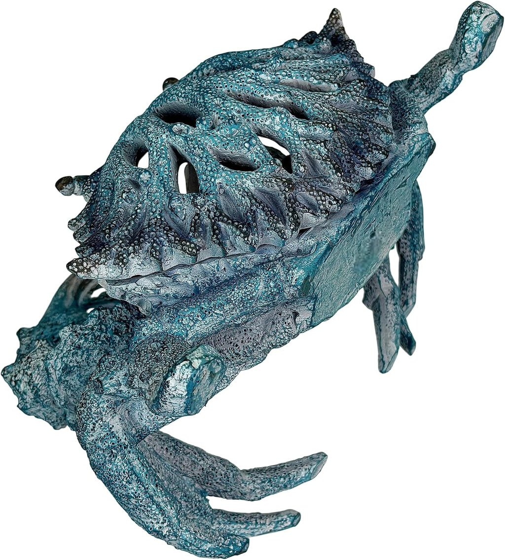 Crab Wine Bottle Holder, 8 Inch Turquoise Resin with Coral-Look Center | Raised Claws, Shell Ridges, Textured Legs, Distressed Whitewashed Finish, Open Center for Angled Display