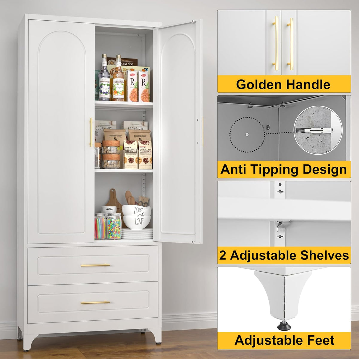 SteeLoong 75" Kitchen Pantry Cabinet,Metal Storage Cabinets with 2 Drawers,Pantry Cabinet with Doors and Shelves,White Tall Storage Cupboard for Living Room, Dining Room Office