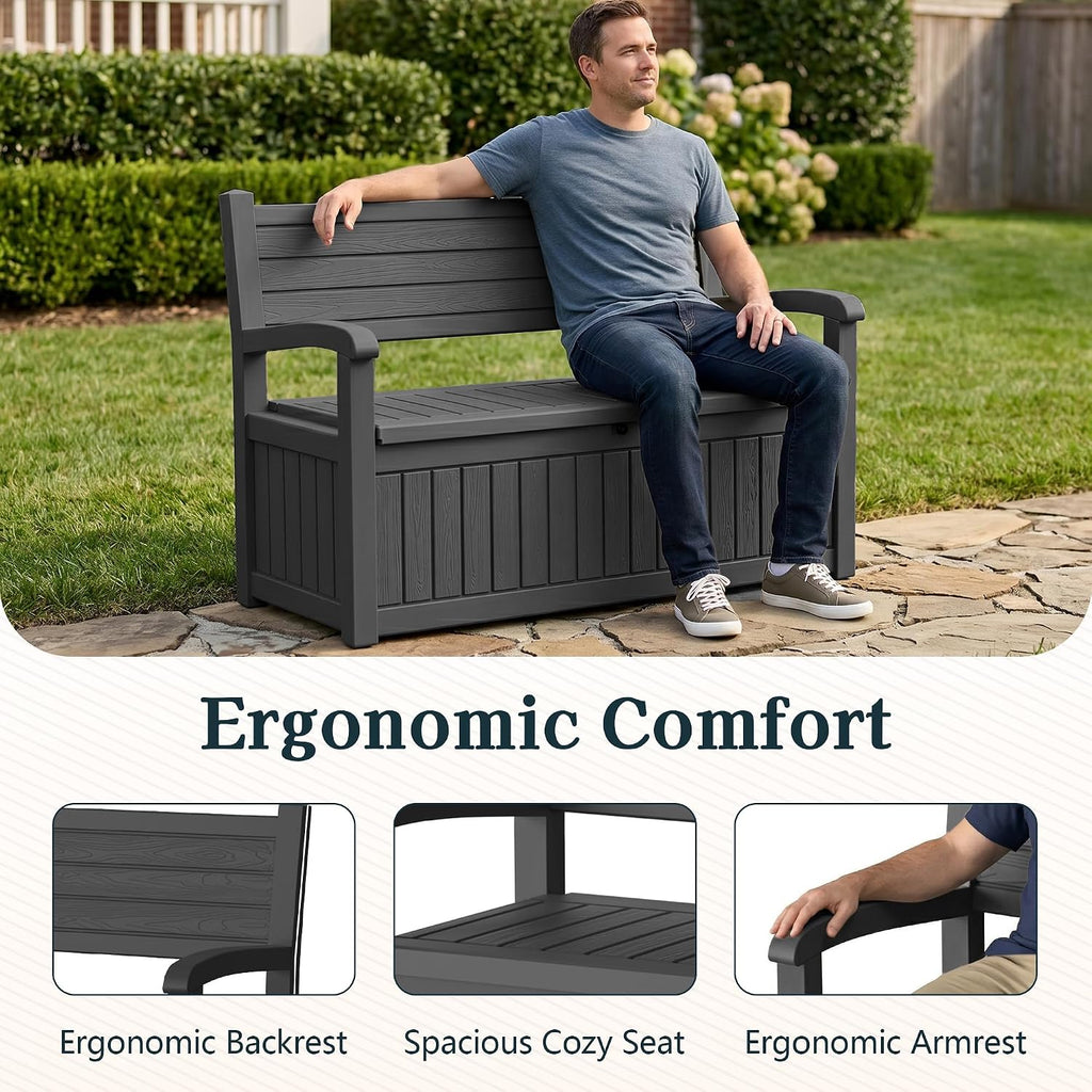 Outdoor Bench with Storage, Waterproof Garden Storage Bench, 100 Gallon Lockable Resin Deck Box, Weatherproof Bench Seating for Patio Yard Cushions Tools, Black