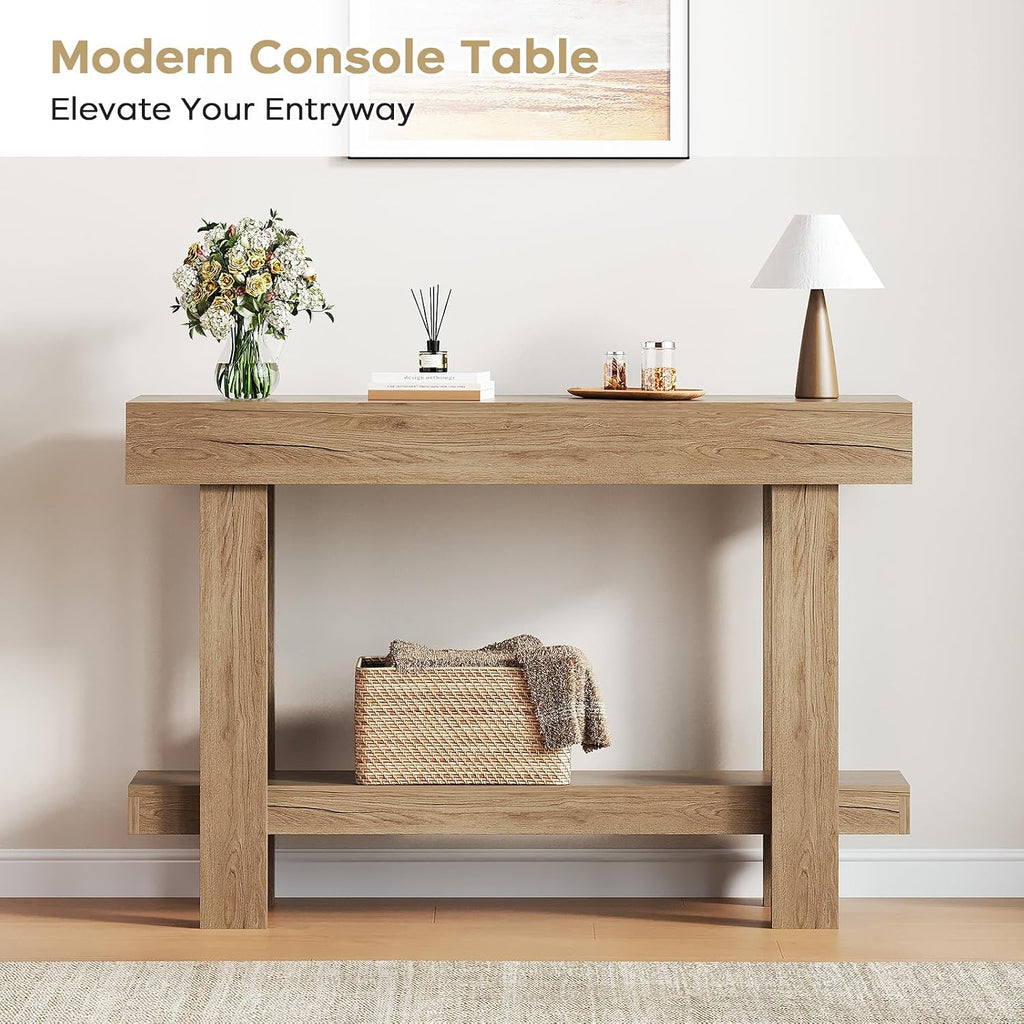 Console Table for Entryway, 47.2" Narrow Farmhouse Sofa Table with Thick Tabletop & Storage Shelf, 2-Tier Modern Wooden Entryway Industrial Table for Hallway, Living Room, Foyer, Behind Couch, Natural