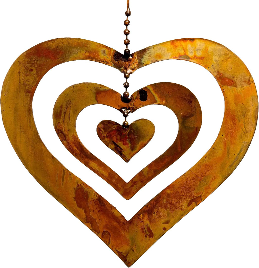 Happy Gardens Hanging Heart Ornament Spinner with a Flamed Finish | Outdoor Heart Decorations for Valentine's Day, Mother's Day | Garden and Backyard Gifts