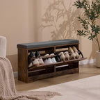 Shoe Storage Bench with 2 Flip Drawers & Barn Doors, Entryway Shoe Cabinet with Adjustable Shelves and Cushioned Seat,Shoe Organizer Storage Bench for Hallway, Living Room, Bedroom, Brown