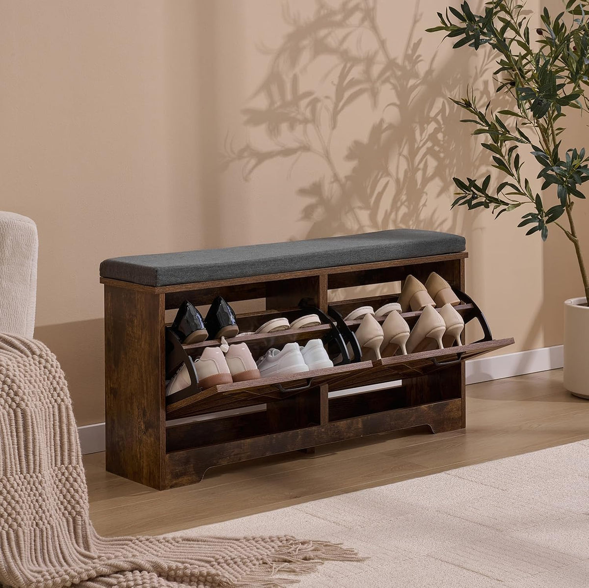 Shoe Storage Bench with 2 Flip Drawers & Barn Doors, Entryway Shoe Cabinet with Adjustable Shelves and Cushioned Seat,Shoe Organizer Storage Bench for Hallway, Living Room, Bedroom, Brown
