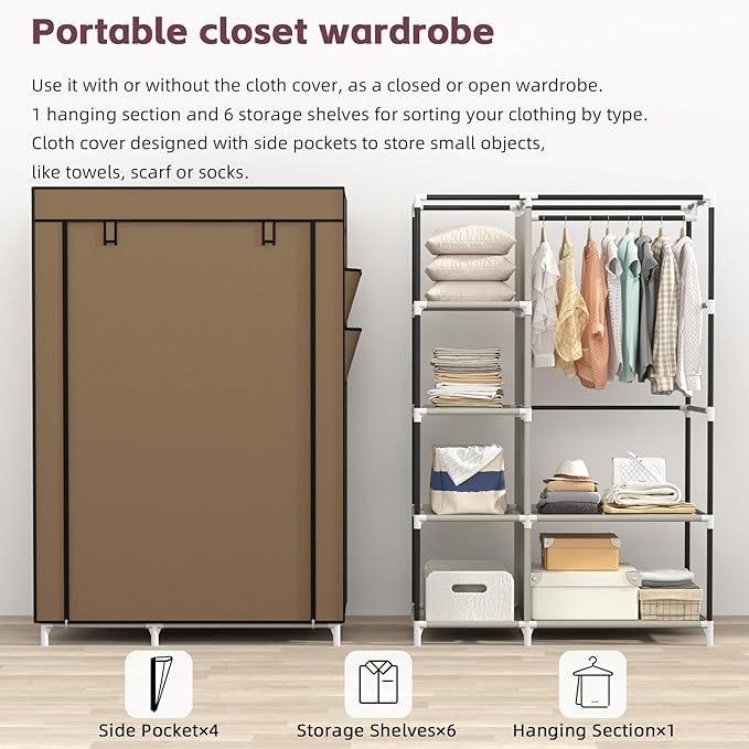 Calmootey Portable Closet Organizers, Clothing Storage, Wardrobe with 6 Shelves and Hanging Rod, Non-Woven Fabric Cover with 4 Side Pockets, Brown