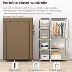 Calmootey Portable Closet Organizers, Clothing Storage, Wardrobe with 6 Shelves and Hanging Rod, Non-Woven Fabric Cover with 4 Side Pockets, Brown