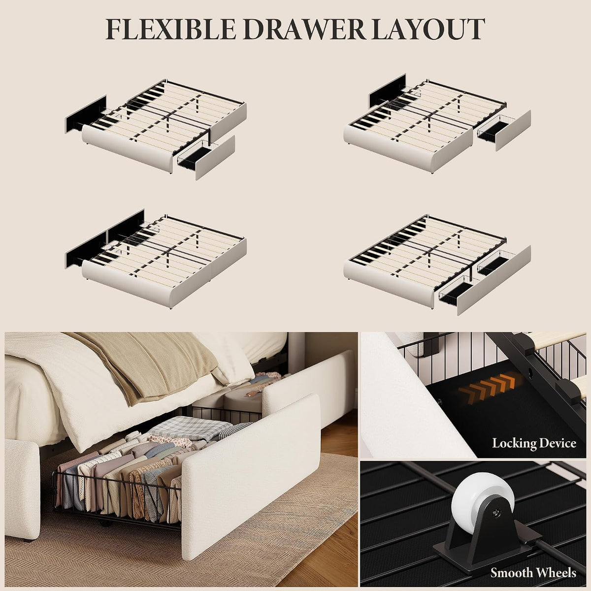 Garvee Chenille Fabric Queen Size Bed Frame with 2 Storage Drawers - Beige