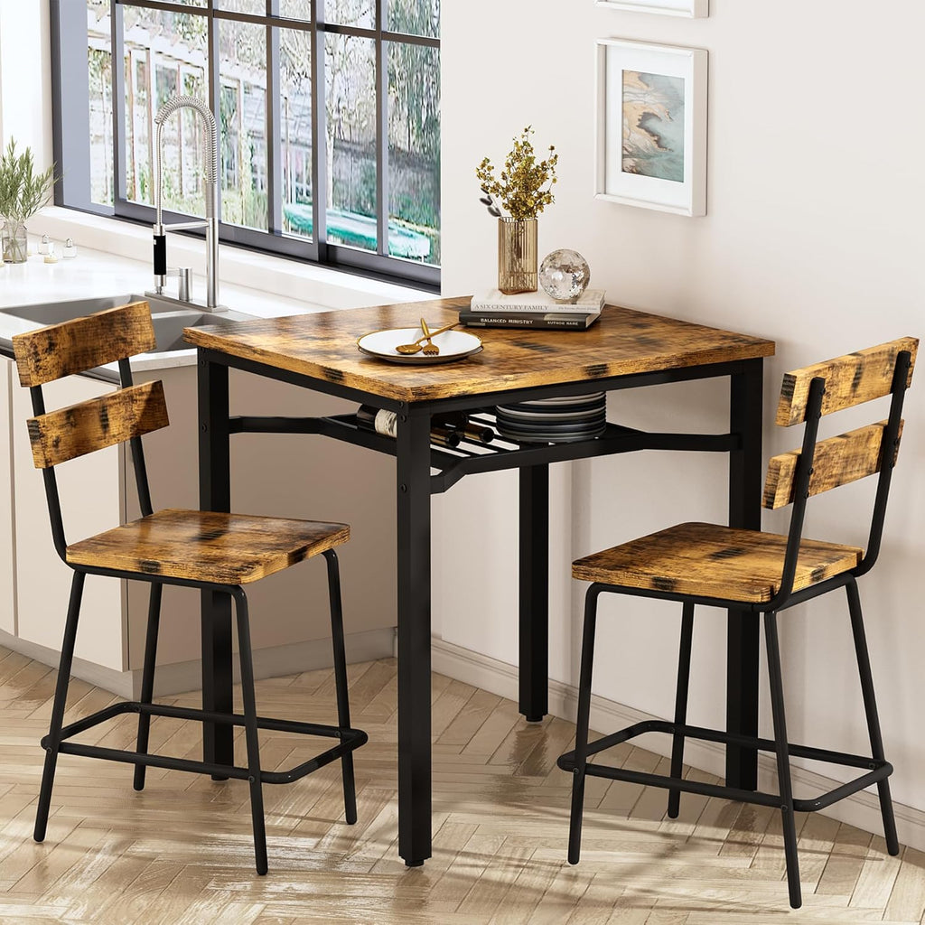 Hooseng 3 Piece Bar Table and Chairs Set, Counter Height Small Dining Table with 2 Bar Stools, Farmhouse Square Kitchen Table with Storage for Bistro, Pub, Small Space