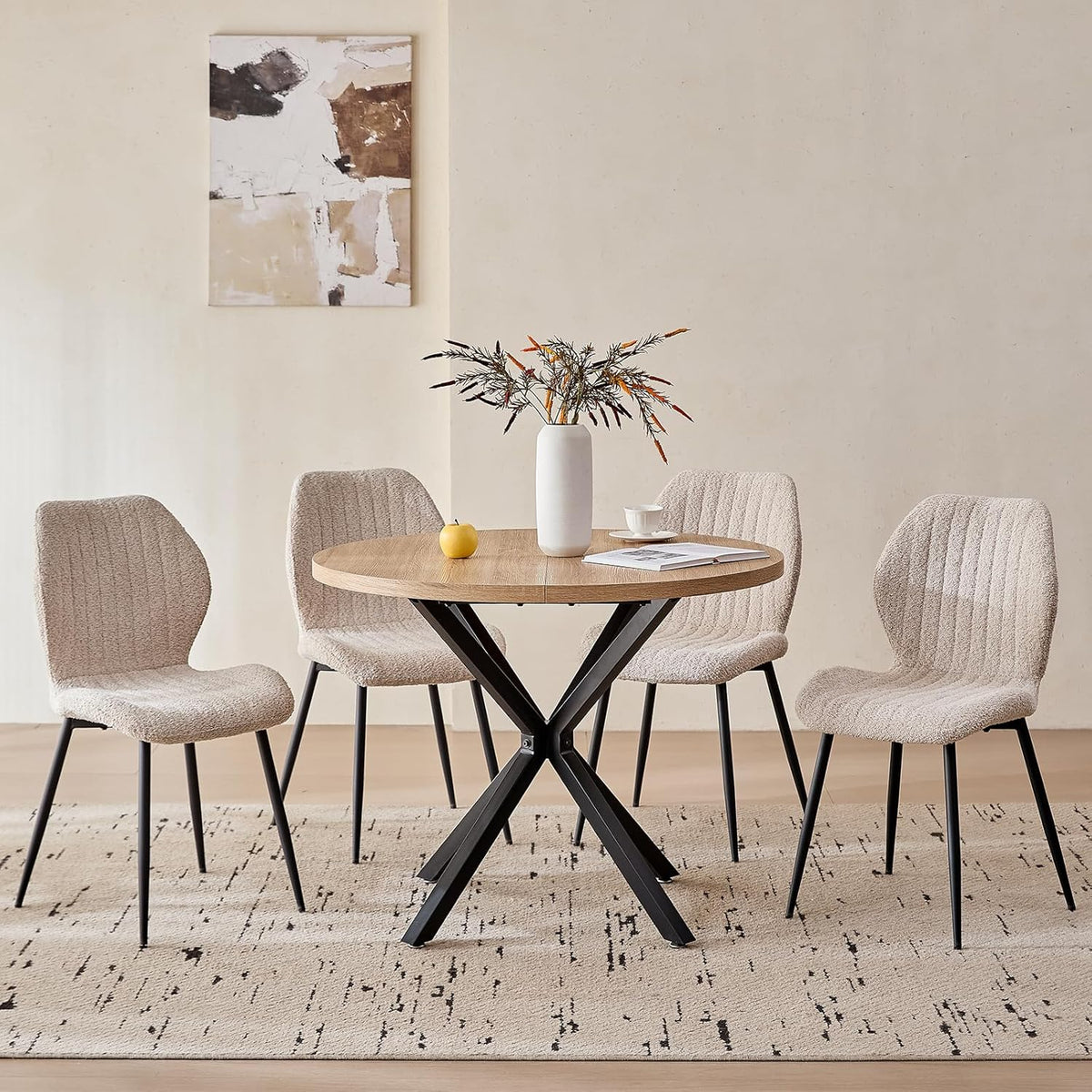 39" Round Dining Table Set for 4, Mid Century Kitchen Table with 4 Boucle Upholstered Dining Chairs for Apartment Living Room Space Saving
