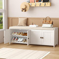 HOMEFORT 48.4" Shoe Storage Bench with Cushion, Entryway Bench with Paddded Seat, 2-Tier Shoe Cabinet Bench with Adjustable Shelves and 4 Doors, Wooden End of Bed Bench, for Bedroom, Hallway, White