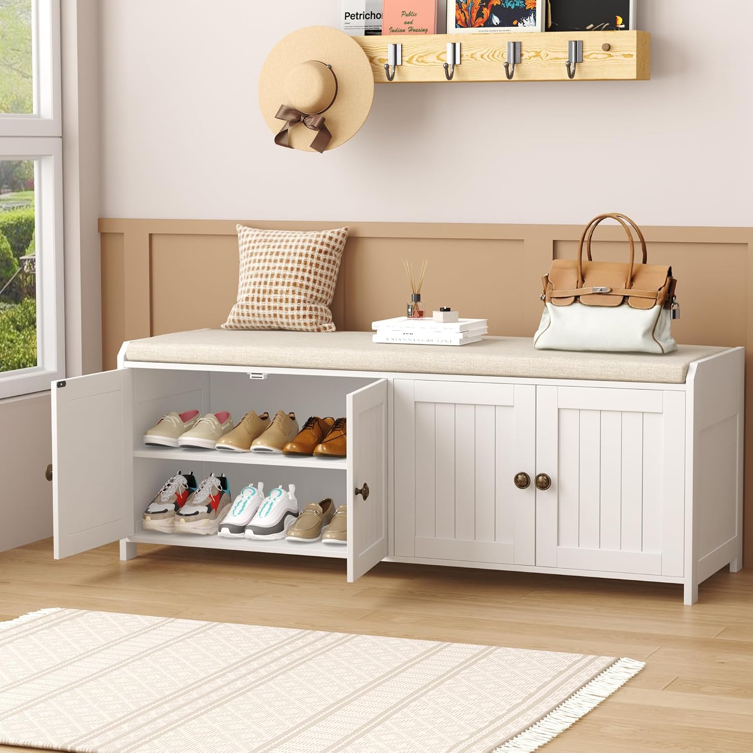 HOMEFORT 48.4" Shoe Storage Bench with Cushion, Entryway Bench with Paddded Seat, 2-Tier Shoe Cabinet Bench with Adjustable Shelves and 4 Doors, Wooden End of Bed Bench, for Bedroom, Hallway, White