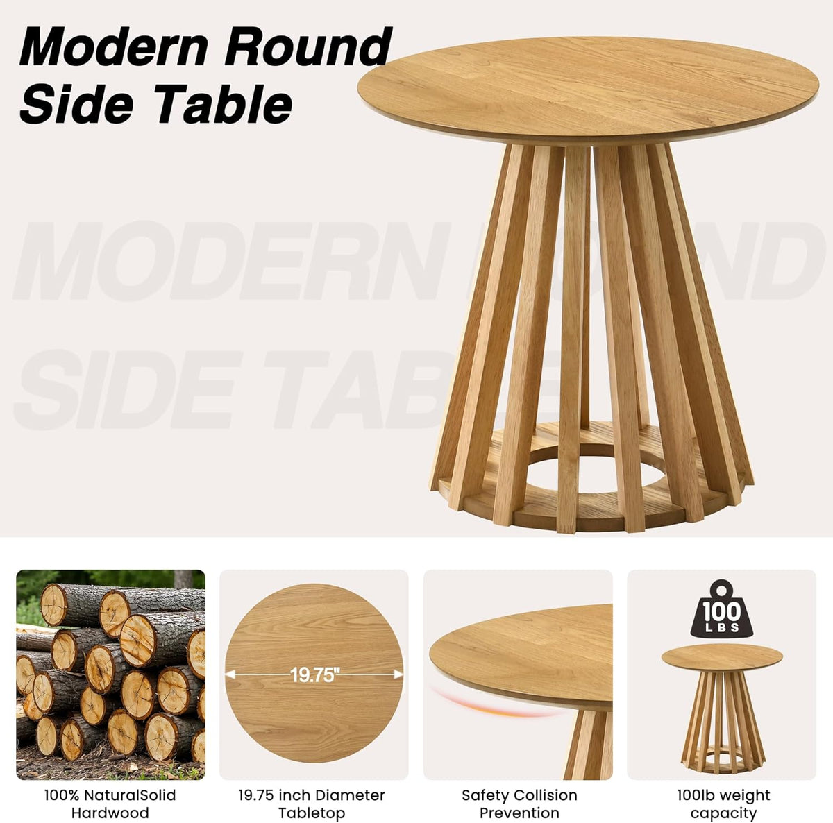 HNY Modern Round Fluted End Table, Wood Pedestal Side Table, Drum Accent Bedside Drink Tables for Living Room Bedroom Small Space Couch, Natural