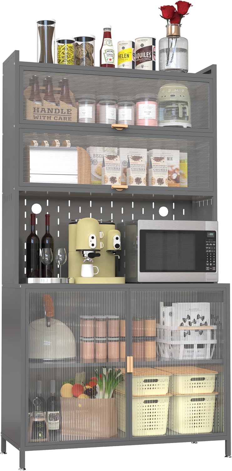 73'' Tall Kitchen Pantry Cabinet, 2 Level Flip Door with Pegboard Metal,Anti-Tip Design Hutch for Kitchen,Dining Room, (Gray)