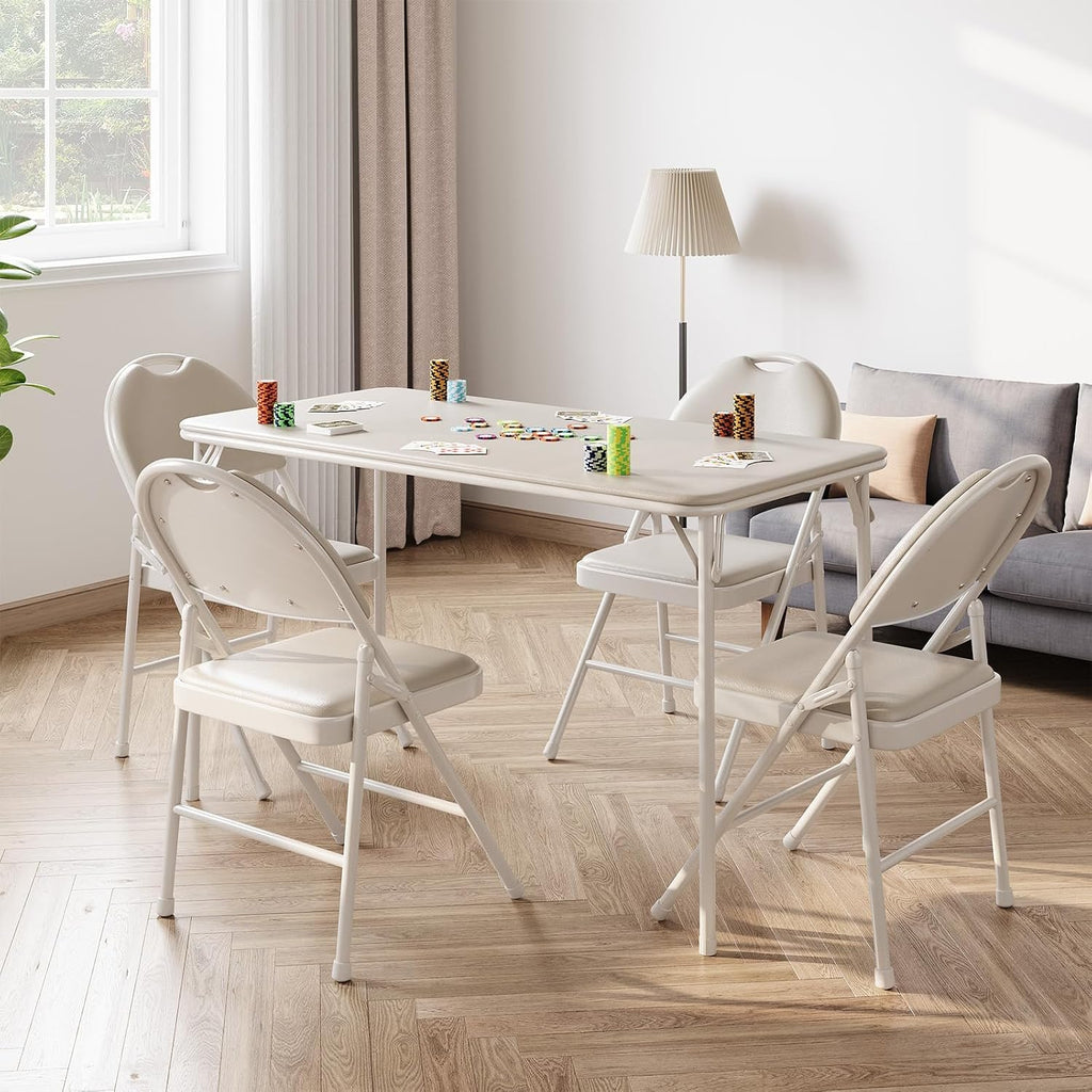 GAOMON Folding Table 4 Foot with Upholstered PU Leather Tabletop, Heavy Duty Metal Legs, Collapsible Design & Shelf Bracket, No Assembly Required, Indoor Outdoor Use, Beige