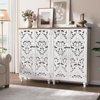 JOINICE 47" Tall Accent Cabinet with Carved Doors & Storage for Living Room | Vertical Storage, Carved Floral Design, Mandala White Buffet, Boho/Farmhouse/Rustic Style, Adjustable Shelves, Easy Assembly