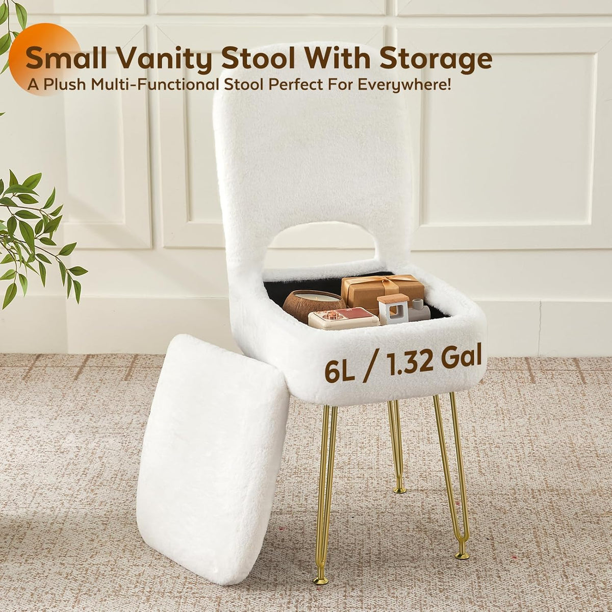 BRIAN & DANY Vanity Chair with Storage and Folding Back, Faux Fur Square Storage Chair, Vanity Stool Chair with 4 Metal Legs for Bedroom, Living Room and Makeup Stations, 13.4"x 15"x 30", White