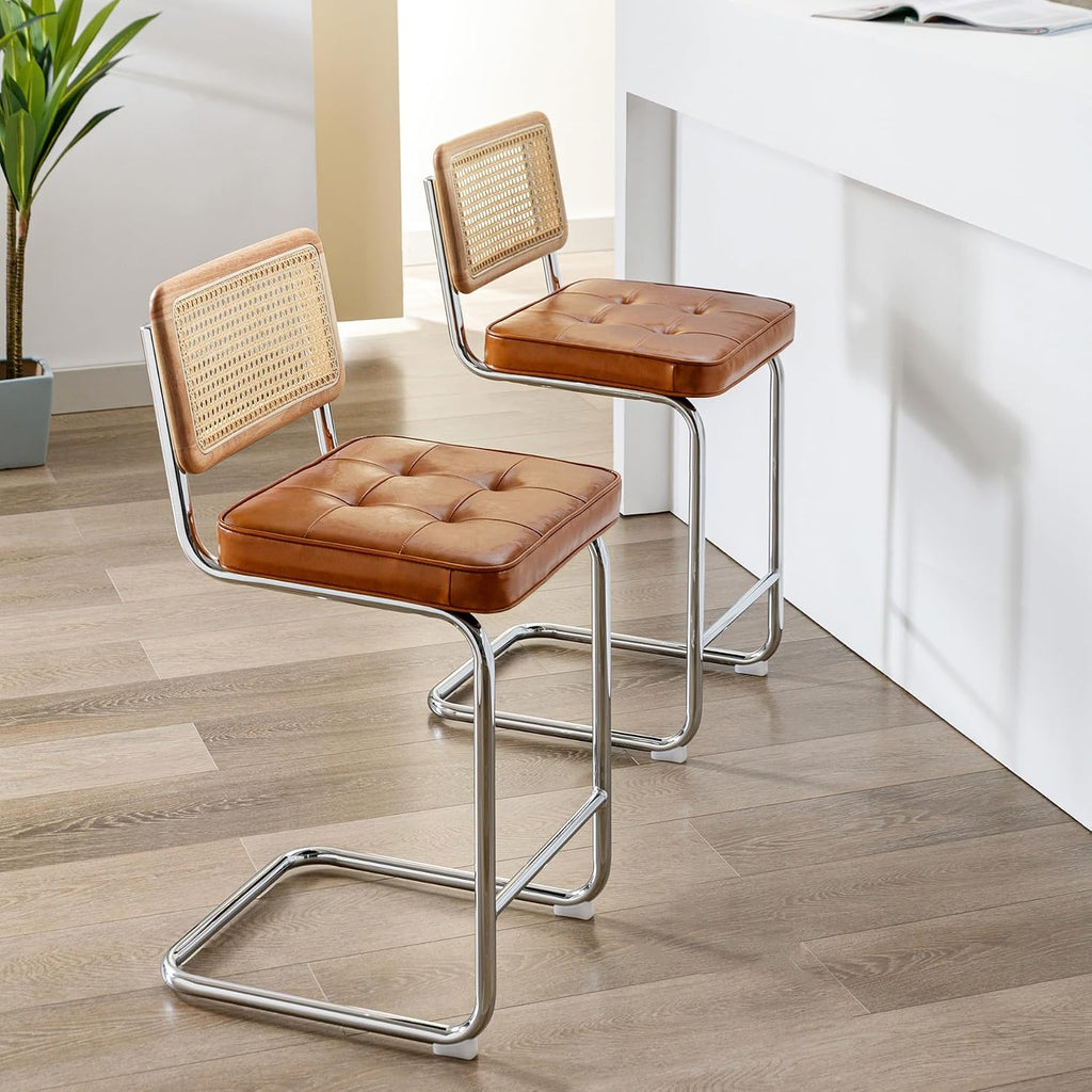 Zesthouse Natural Rattan Counter Stools Set of 2, 26" Modern Boho Barstools | Mid Century Modern Barstool with Cane Mesh & Chrome Base, Vintage Faux Leather Counter Height Chair for Kitchen Island, Brown