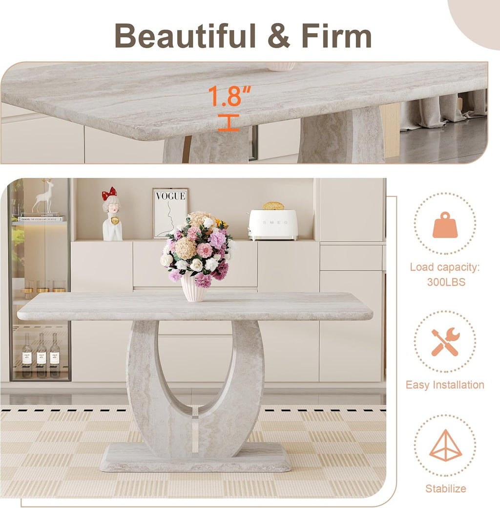63" Faux Marble Dining Table for 4–6, Modern Rectangular Kitchen Table with U-Shaped Base, Marble Look Dinner Table for Kitchen, Dining Room, Apartment