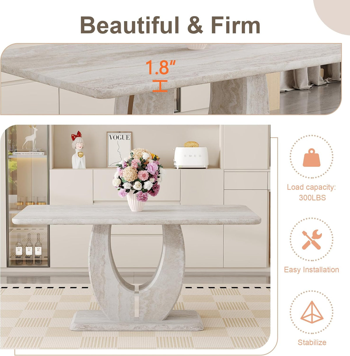 63" Faux Marble Dining Table for 4–6, Modern Rectangular Kitchen Table with U-Shaped Base, Marble Look Dinner Table for Kitchen, Dining Room, Apartment