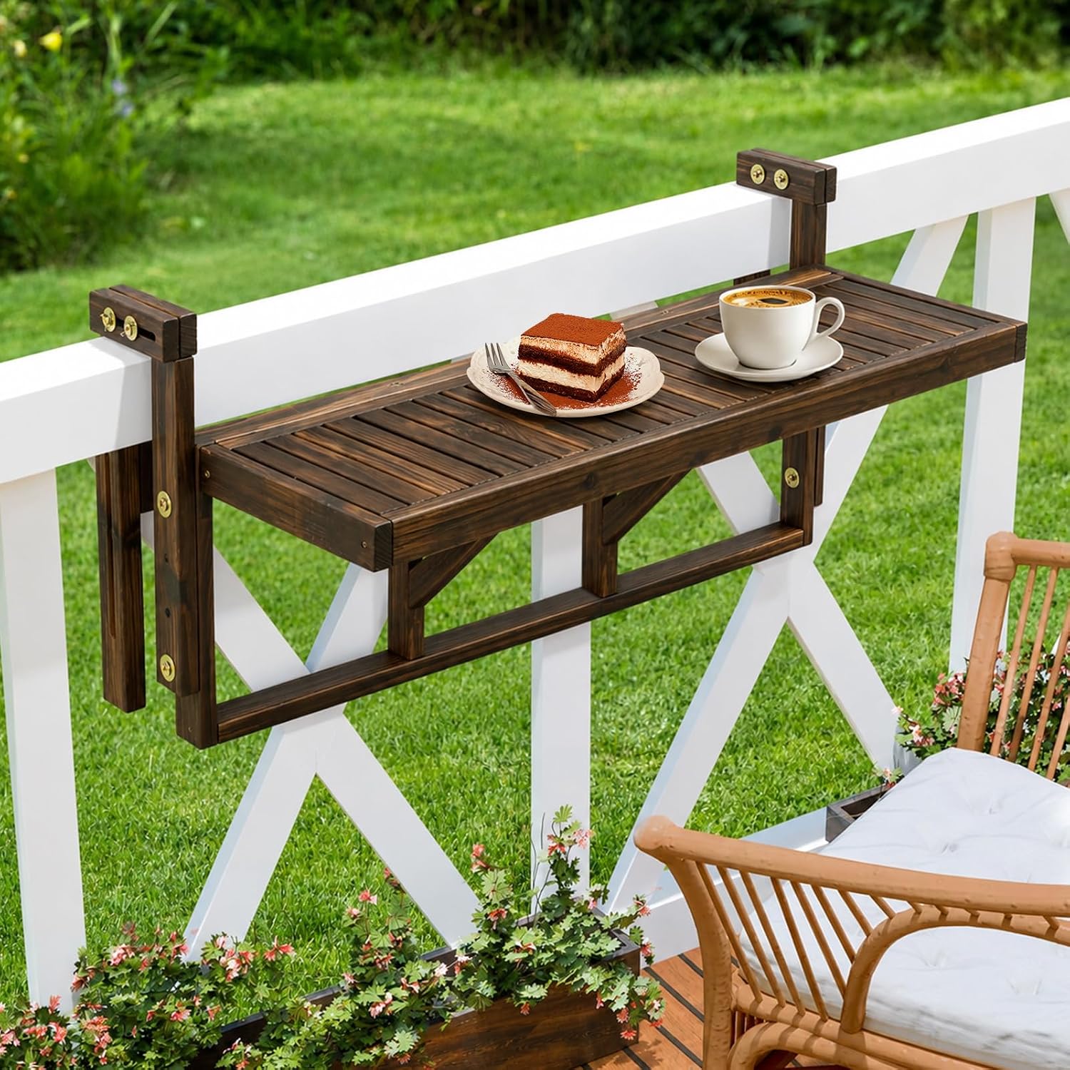 VINGLI 48in Acacia Wood Folding Balcony Hanging Table – Adjustable Height & Width, Balcony Railing Table Ideal for Different Railing Widths, Perfect for Balcony, Patio, Rectangular,Carbonized Color