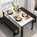 Dining Room Table Set with 2 Benches, Dining Table Set for 4-6, Dinner Table Set for 4, Faux Marble Breakfast Table Set & PU Leather Upholstered Benches for Small Spaces, Apartment, White
