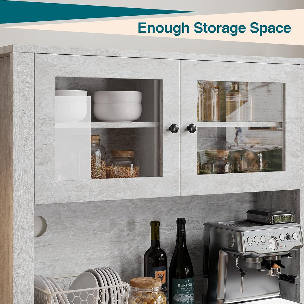 TrailBlaze Freestanding Pantry Cabinet with Microwave Stand - Coffee Bar & Buffet Hutch - 4 Doors and Adjustable Shelves - Tall Storage Cupboard for Dining Room - Color: Grey
