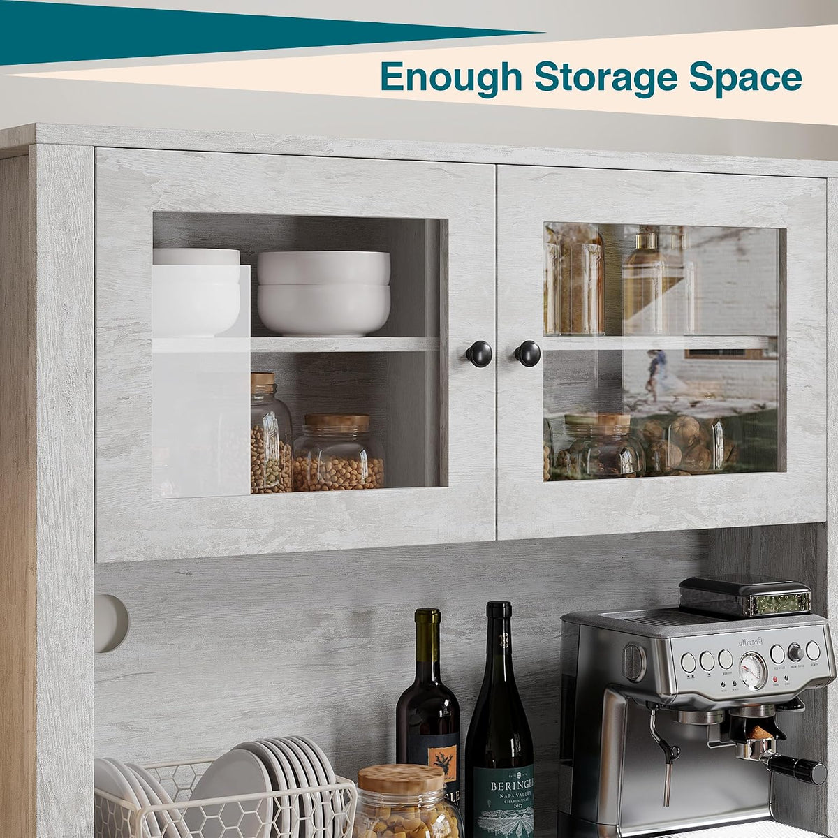 TrailBlaze Freestanding Pantry Cabinet with Microwave Stand - Coffee Bar & Buffet Hutch - 4 Doors and Adjustable Shelves - Tall Storage Cupboard for Dining Room - Color: Grey