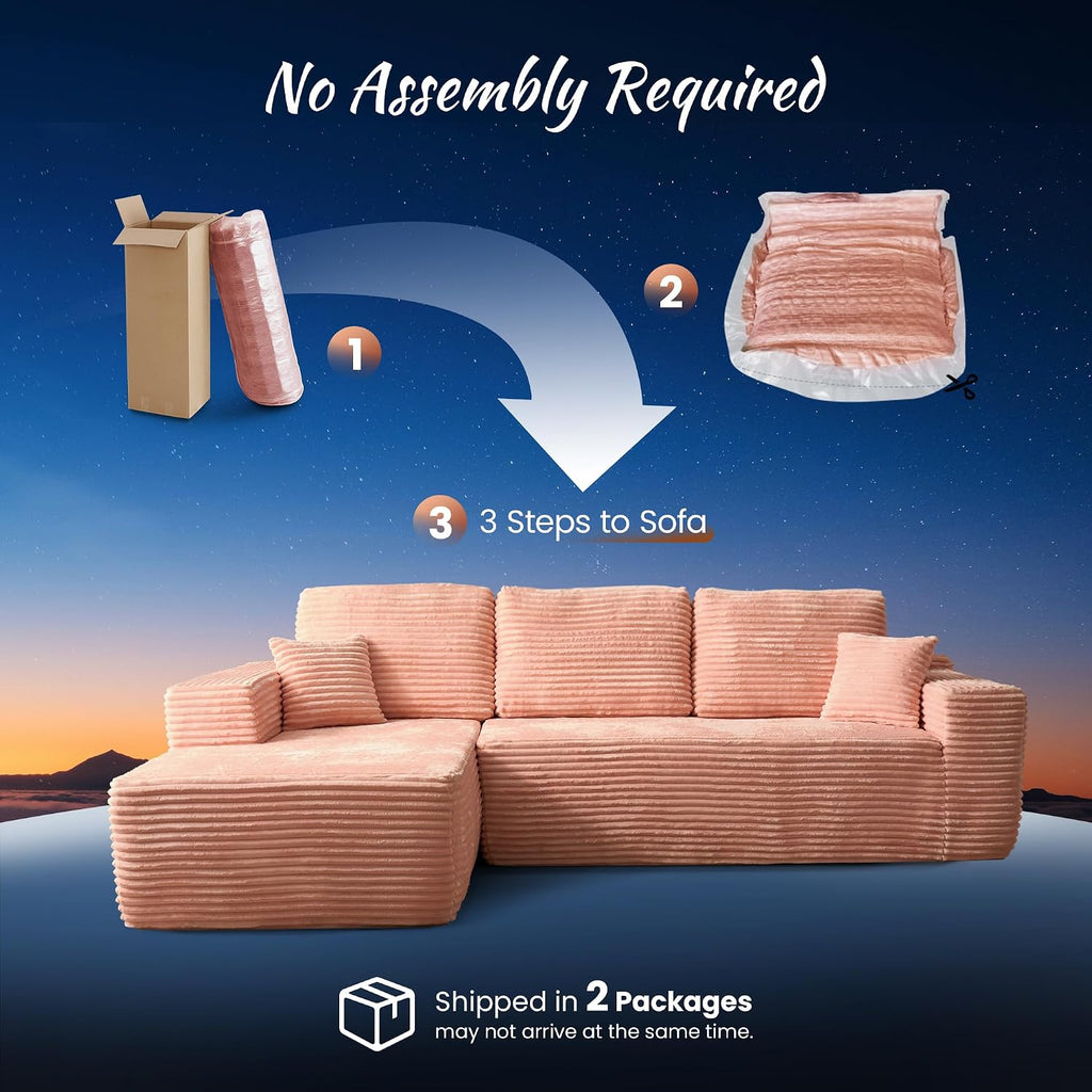 ovios 104" Cloud Couch with Glitter Fabric, Moudular Sectional Sofa with Deep Seat, No Assembly Required, Modern Minimalist L Shaped Couches with Chaise for Living Room, Pink