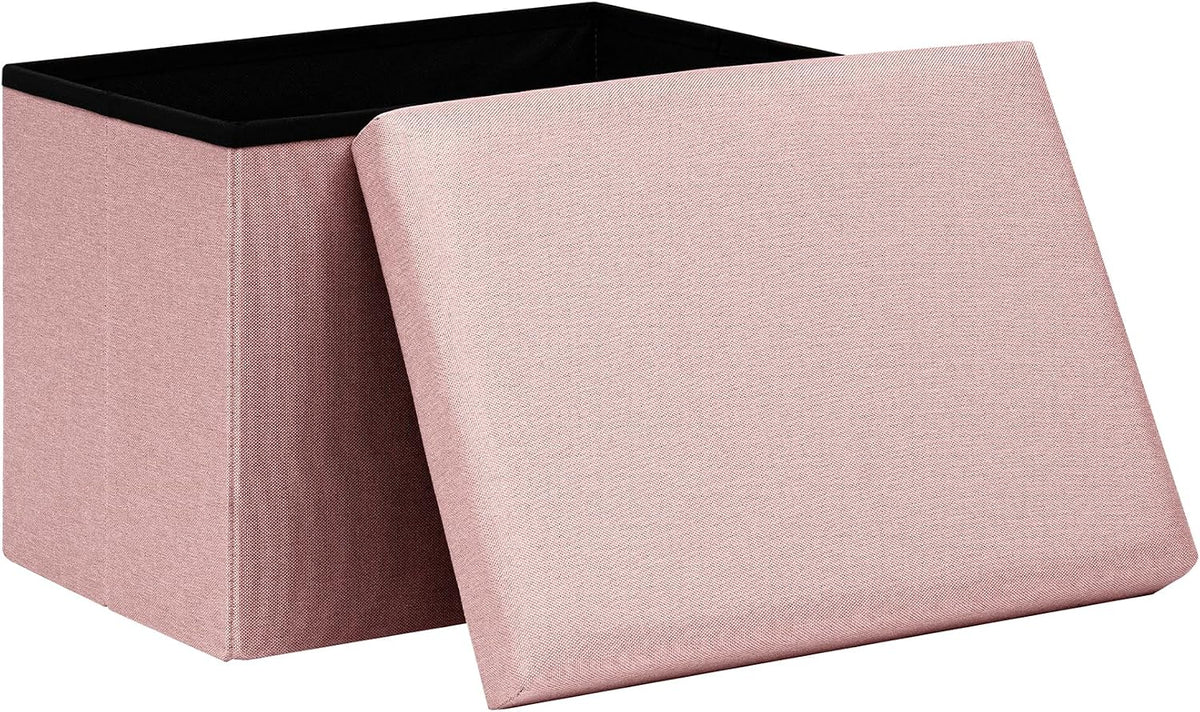 16.5 Inch Small Rectangular Storage Ottoman, Collapsible Footrest | Linen Fabric, Hidden Storage, Foldable Footstool with Padded Lid, Compact Size for Living Room, Bedroom and Dorm, Pink