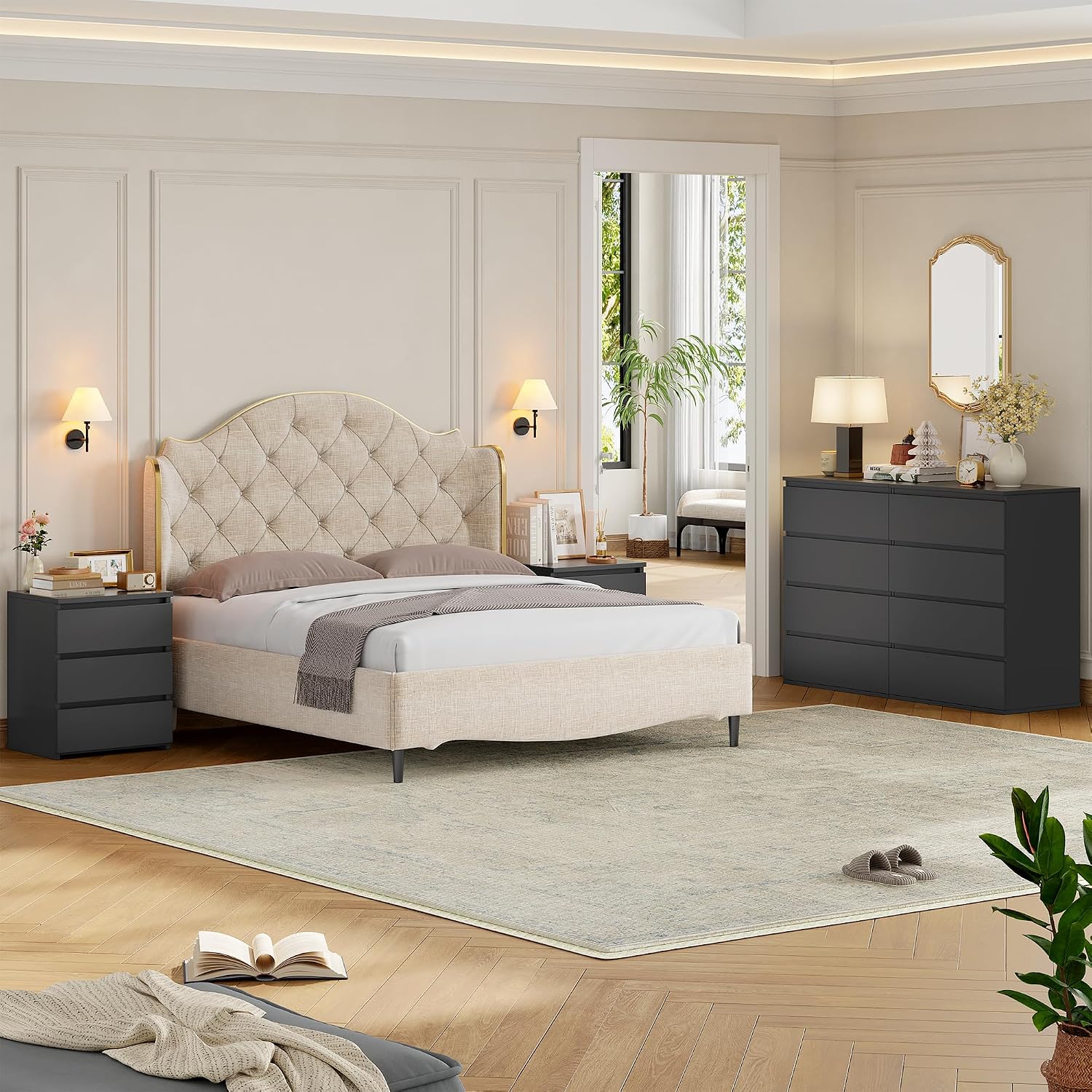 FOTOSOK Nightstands Set of 2, Black Nightstand with 3 Drawers for Bedroom | Black Nightstand Set of 2 for Bedroom, Handless Bedside Table with Silent Design, Side End Table for Small Spaces/Apartment