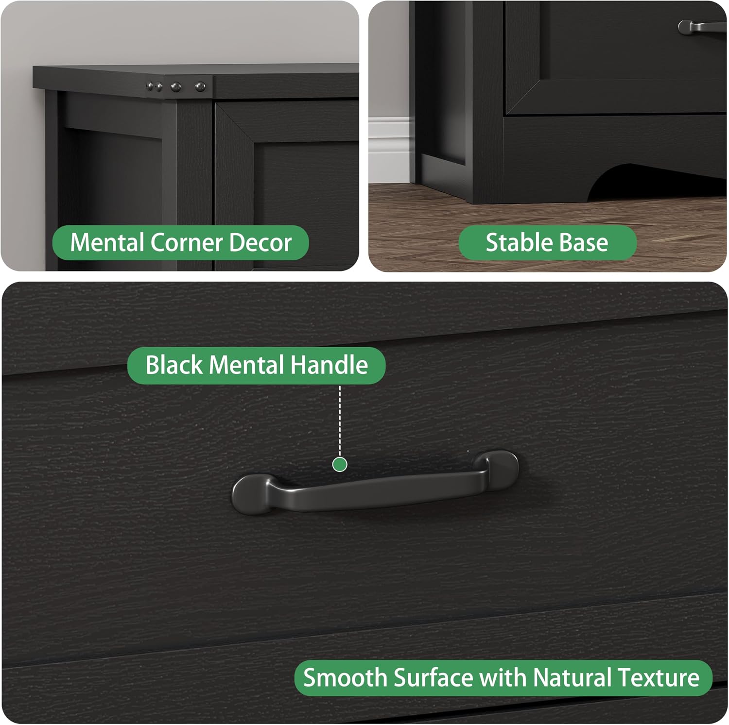 Nightstand with 3 Drawers, 24" Wide Farmhouse Bedside End Table, Rustic Wood Side Table Night Stand with Mental Handle, Tall Modern Small Dresser Chest of Drawers for Bedroom, Living Room, Dorm, Black