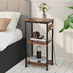 Side Table with Charging Station, Nightstand with USB Ports and Outlets, Tall Side Table with 3 Storage Shelves, Small Entry Table for Living Room, Bedroom, Sofa Couch, Hallway, Office, Rustic Brown