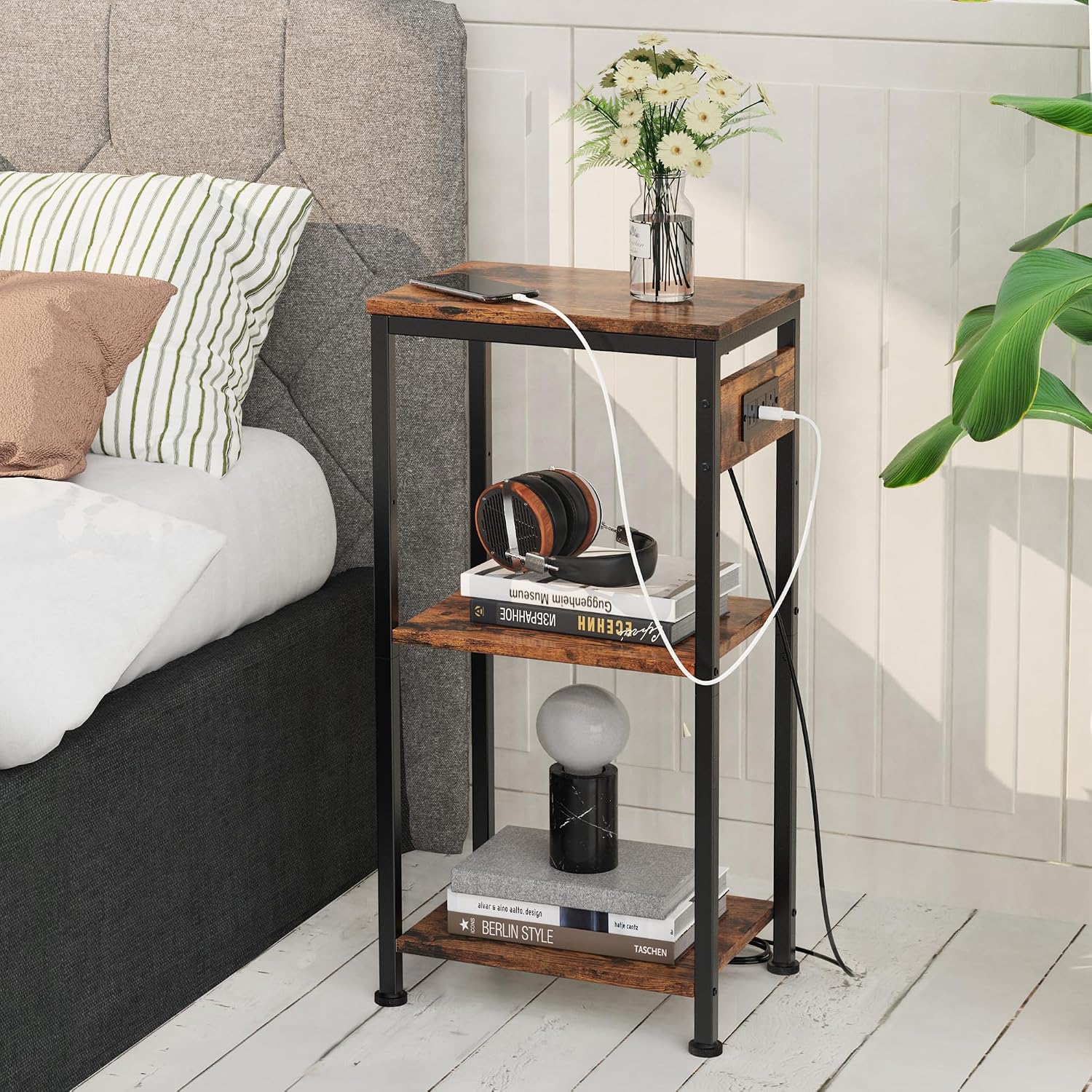 Side Table with Charging Station, Nightstand with USB Ports and Outlets, Tall Side Table with 3 Storage Shelves, Small Entry Table for Living Room, Bedroom, Sofa Couch, Hallway, Office, Rustic Brown