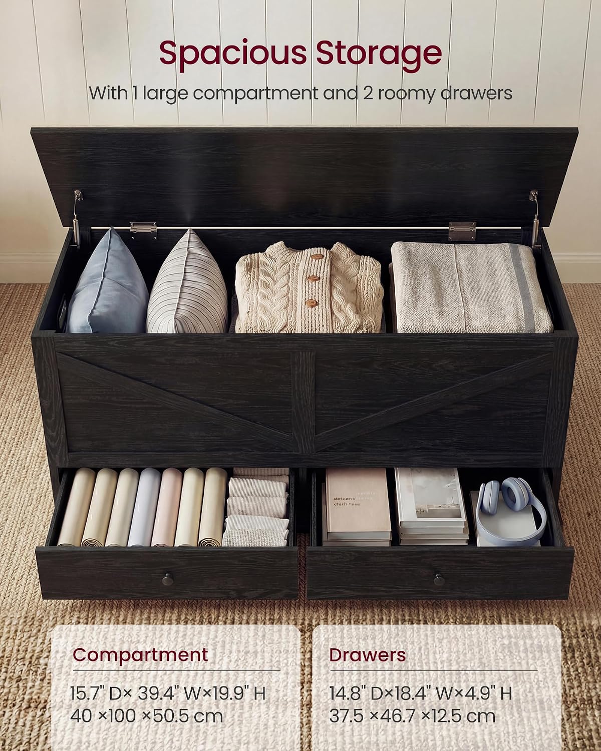 VASAGLE Storage Chest with 2 Fabric Drawers, 15.7 x 39.4 x 19.9 Inches | Storage Bench, Farmhouse Style, Ebony Black, HAINS Collection ULSB043B02