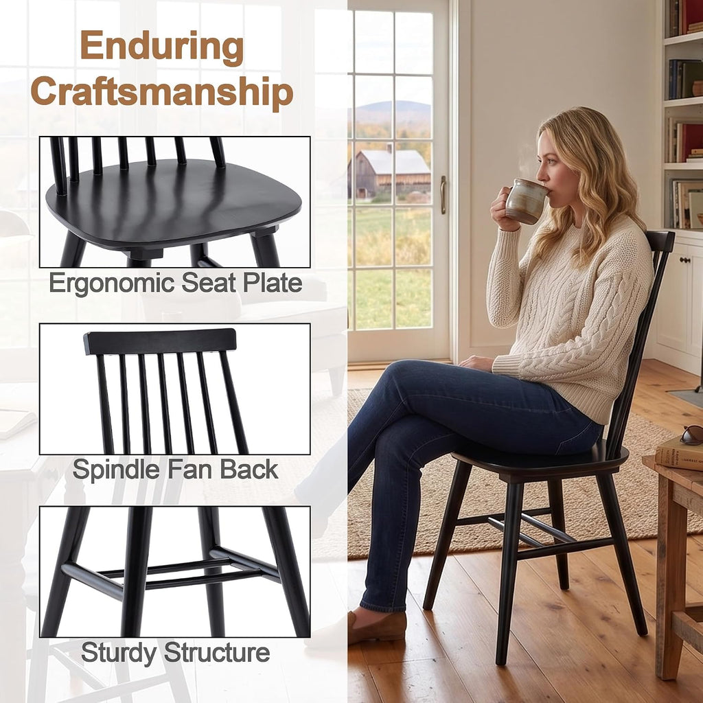 DUHOME Windsor Dining Chairs Set of 6 Wood Dining Room Chair Slat Back Kitchen Room Chair Side Chair (Black, 6 PCS)