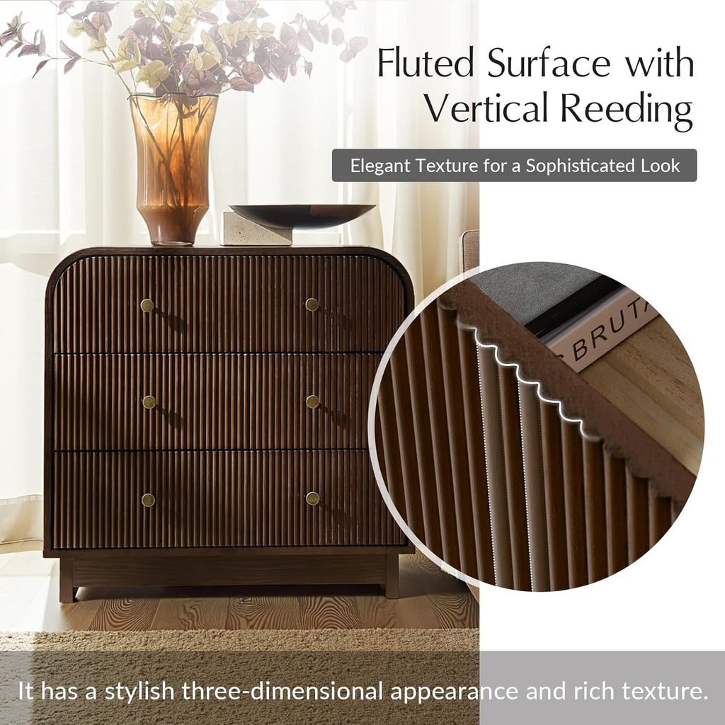 HULALA HOME Fluted Storage End Tables Set of 2 with Charging Station, Modern 3 Drawer Wood Side Tables with Solid Wood Legs, Large SideTables for Living Room Room, Easy Assembly, Walnut
