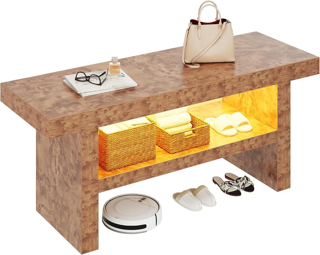 DWVO 39.4" Entryway Bench with Motion-Sensing Warm LED Light, 2-Tier Rustic Thick Wood Shoe Storage Bench for Hallway Bedroom Dressing Room or End of Bed, Burl Wood Finish