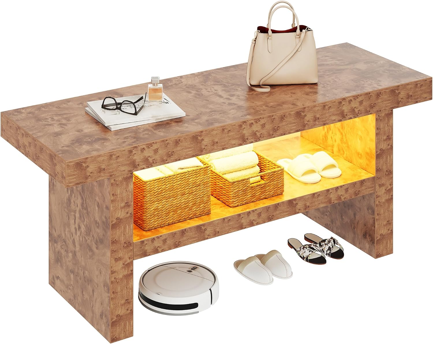 DWVO 39.4" Entryway Bench with Motion-Sensing Warm LED Light, 2-Tier Rustic Thick Wood Shoe Storage Bench for Hallway Bedroom Dressing Room or End of Bed, Burl Wood Finish