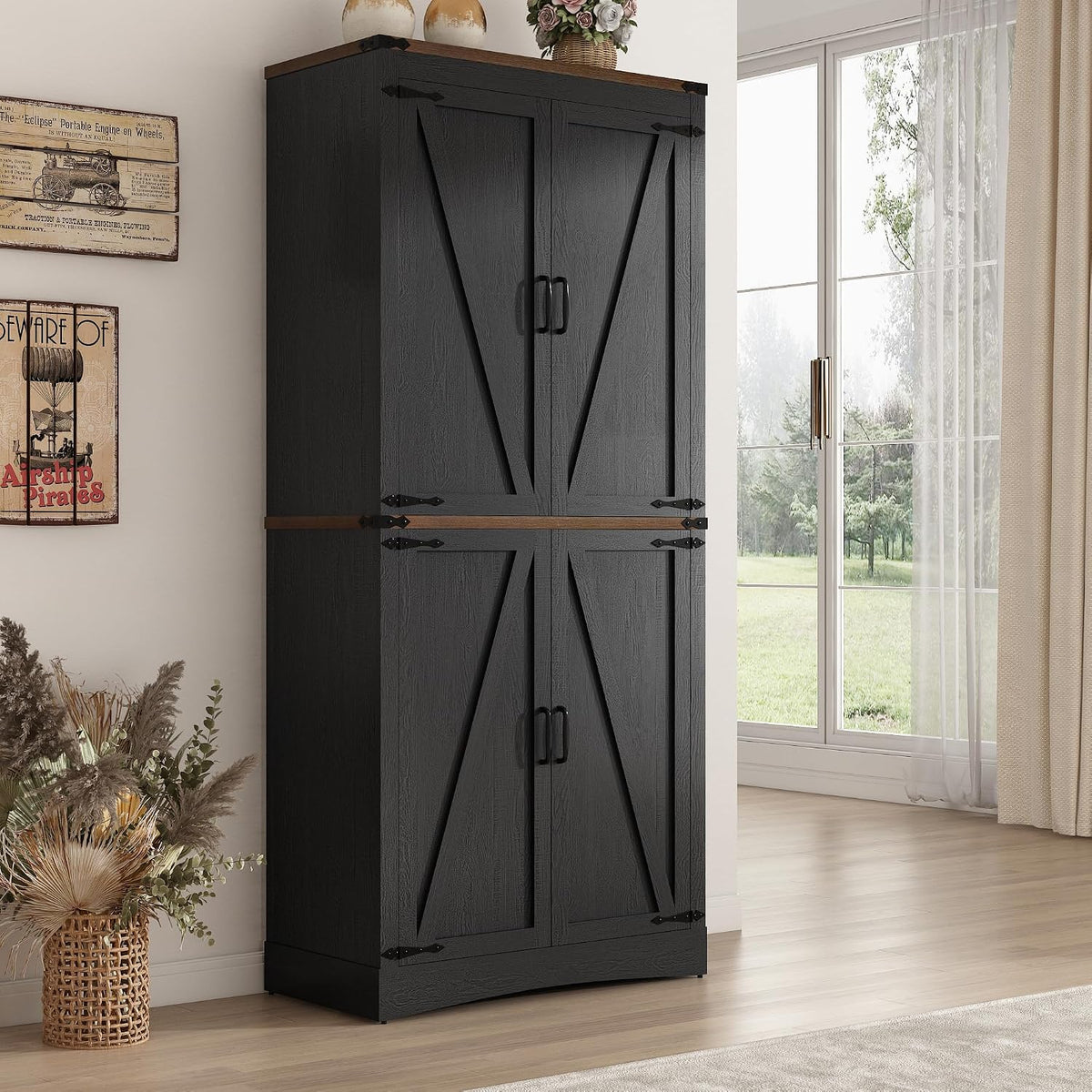 Hlivelood 71" Tall Kitchen Pantry,Farmhouse Storage Cabinet with Adjustable Shelves,Load-Bearing Steel Pipe,Farmhouse Pantry Cabinet with 4 Barn Doors,for Kitchen,Dining Room,Living Room(Black)