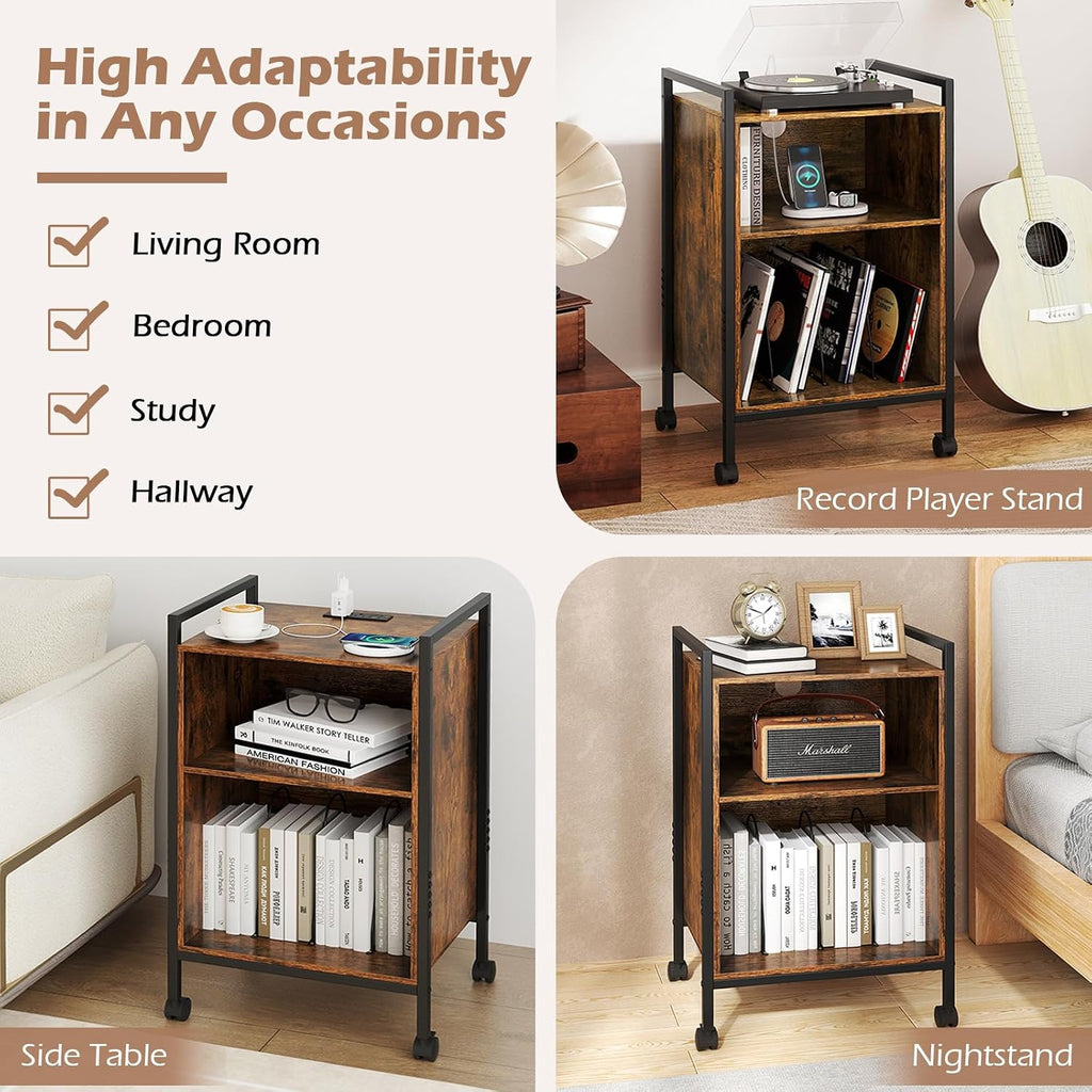 LOKO Record Player Stand with Charging Station, 3-Tier Vinyl Turntable Stand On Wheels with Open Shelves, Metal Dividers, Industrial End Table Turntable Holder for Bedroom, Living Room