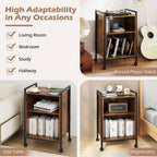 LOKO Record Player Stand with Charging Station, 3-Tier Vinyl Turntable Stand On Wheels with Open Shelves, Metal Dividers, Industrial End Table Turntable Holder for Bedroom, Living Room