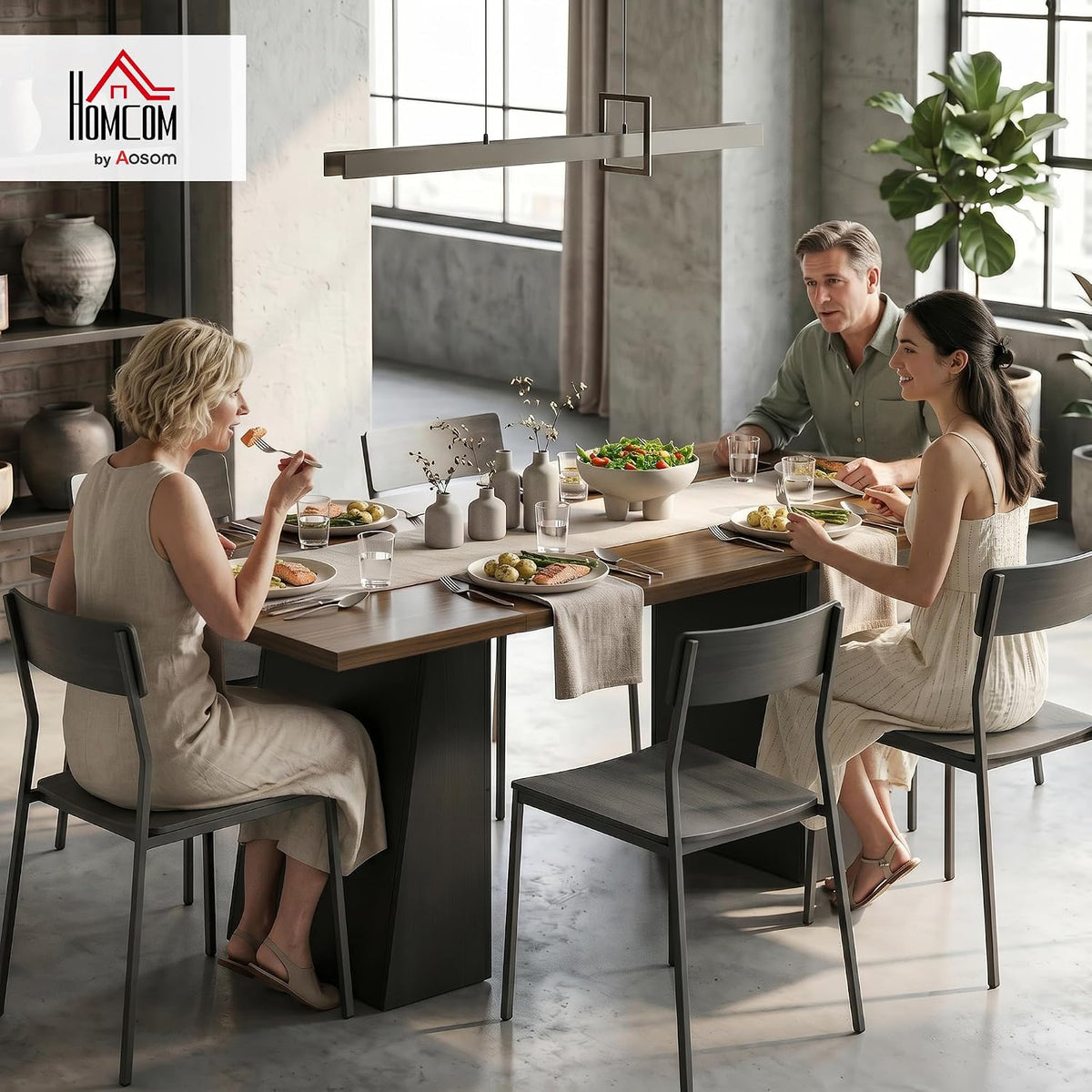 HOMCOM Modern Dining Table for 6, 63" Rectangle Kitchen Table with Trapezoid Pedestal Base, Dining Room Table for Home, Apartment, Livign Room Black and Light Walnut